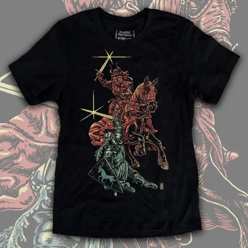 Knight Battle T shirt, Red & Green warriors duel, armored jousting combat sword fight, medieval fantasy art graphic tee