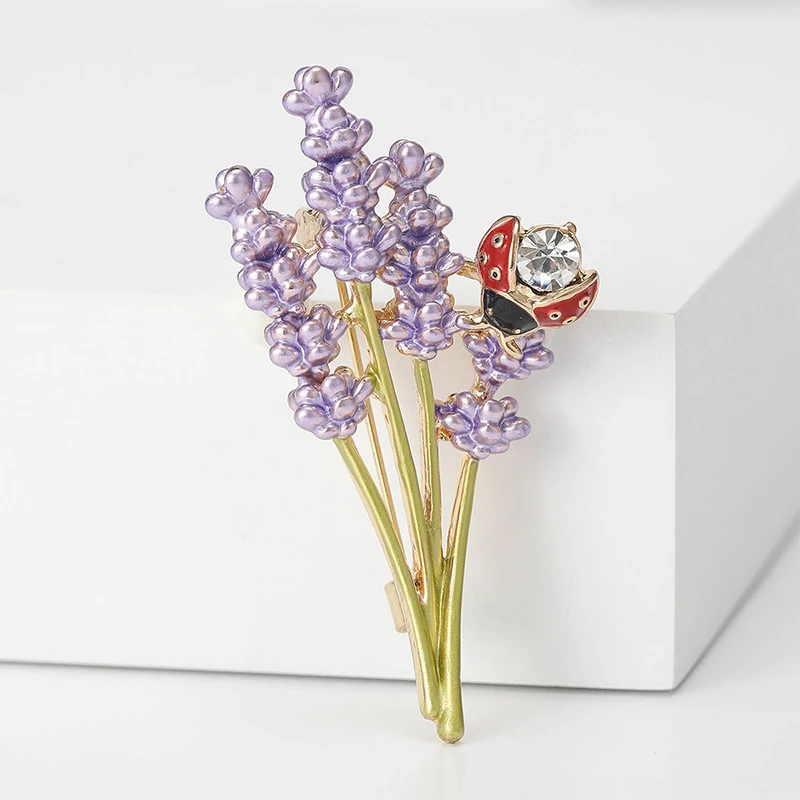 1pcs Classic Women Brooch Enamel Pin Lavender And Ladybird Brooch Romantic For Clothing Accessories Luxury Style Rhinestone