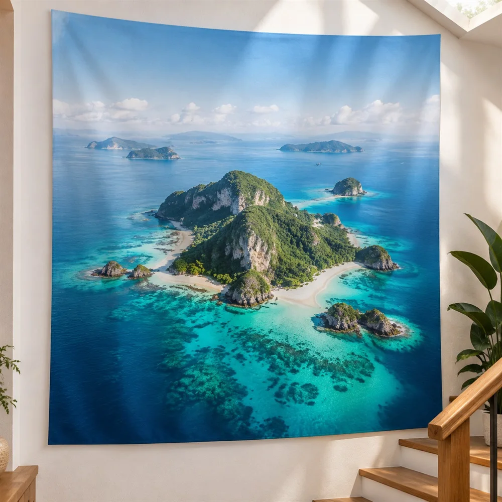 VIKAMA Aerial Islands Tapestry Wall Hanging, Tropical Aesthetic Room Decor Wall Art Tapestries for Living Room Bedroom Bathroom