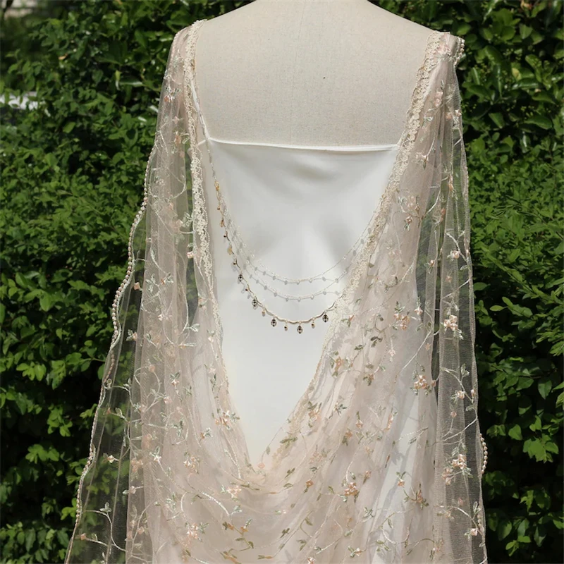 

Beige Floral Wedding Bridal Cape Shoulder Veils Cloak For Brides Cathedral Long Lace Unique Embroidered Pink Flowers Green Leave