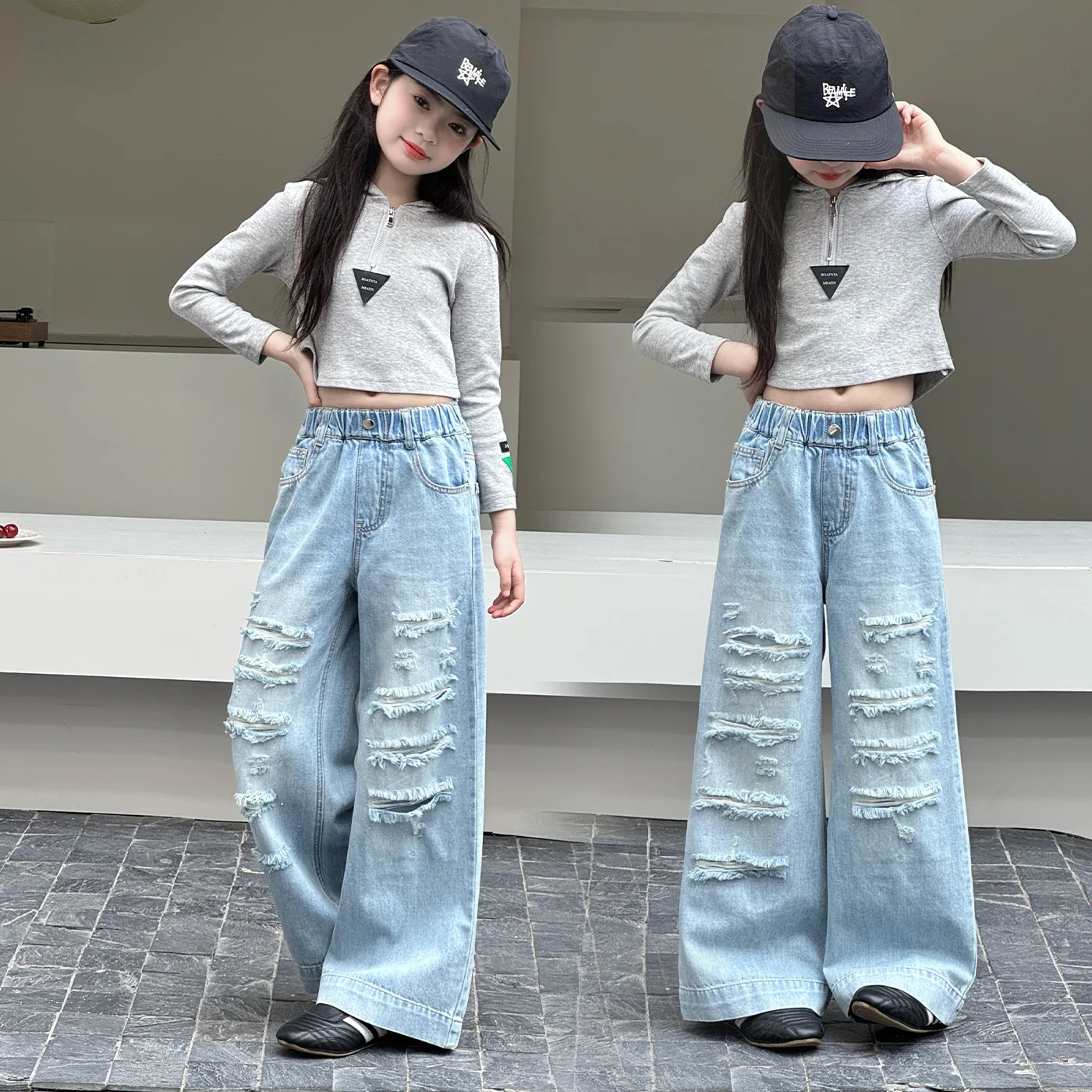 Girl Street Washed Baggy Ripped Jeans with Rhinestone For Teens Girl Light Blue Casual Broken Hole Denim Pants Kids Trousers