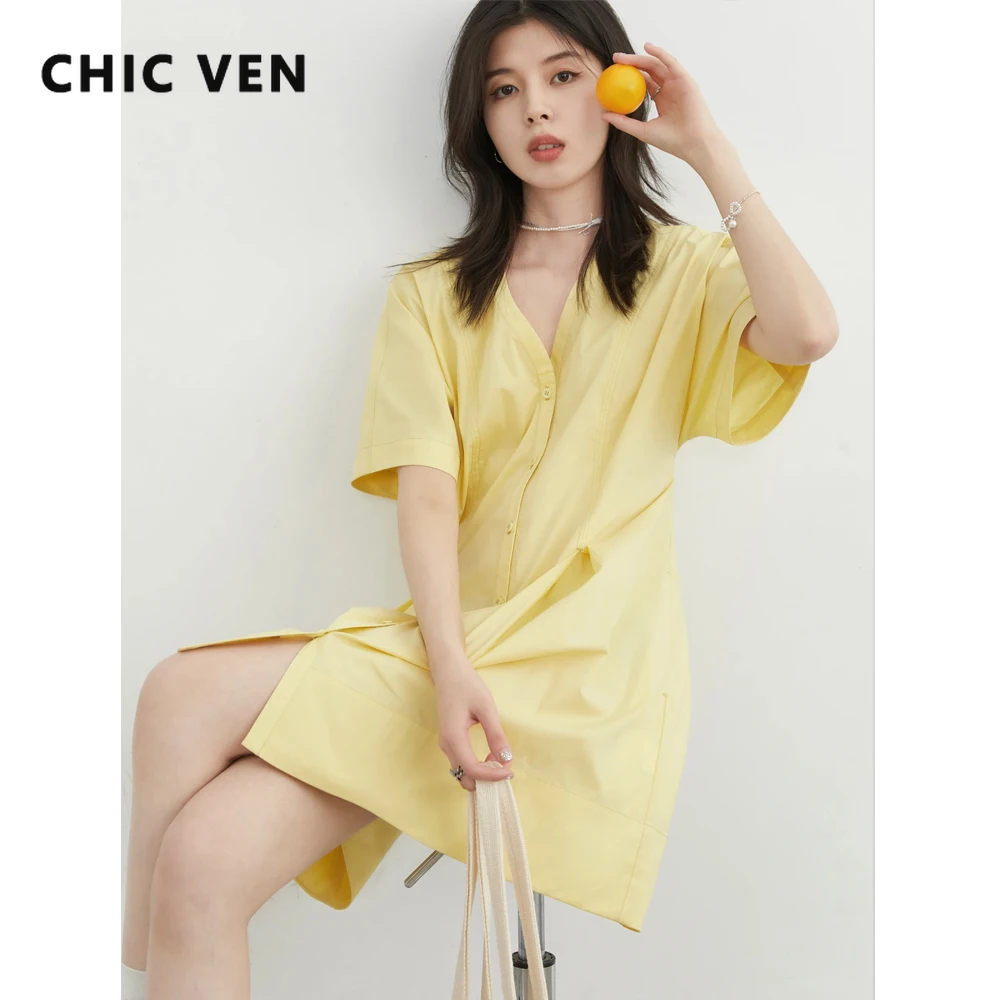

Женские платья CHIC VEN, свободные однотонные однобортные трапециевидные плиссированные черные женские платья-рубашки с v-образным вырезом, лето 2025, одежда для девочек