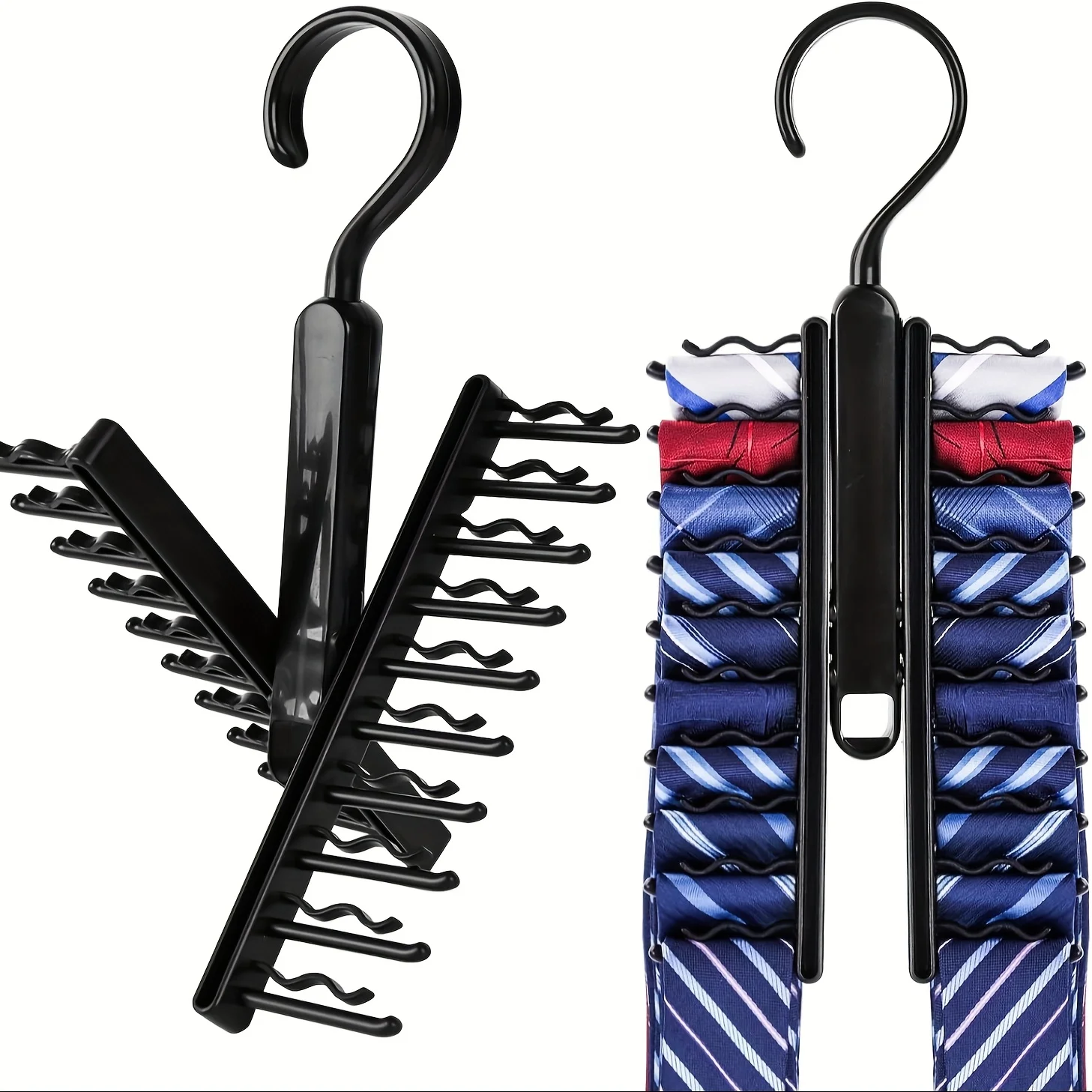 2PCS Tie Hanger Adjustable Tie Storage Rack with 360° Rotating Hooks for Belts Scarves Ties Adjustable Length Non-Slip Hanger