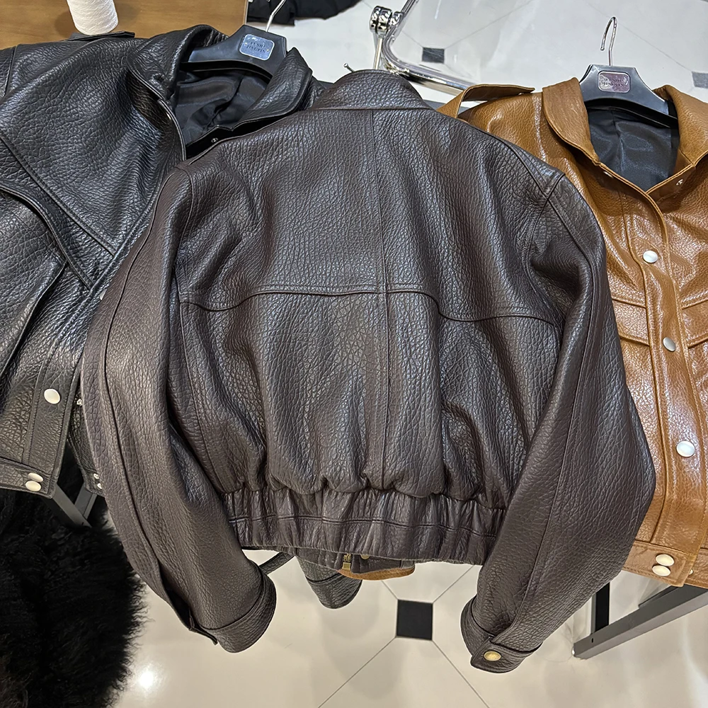 YOLOAgain 2026 Spring Short Suede Bomber Jacket Women Genuine Sheepskin Leather Jacket Ladies