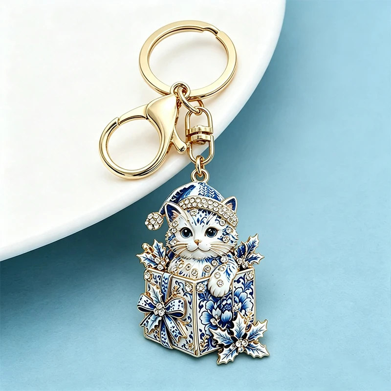 Wuli&baby Niedlicher Weihnachts-Geschenkbox-Katzen-Schlüsselanhänger für Damen und Herren, 2-farbig, Neujahrs-Schlüsselanhänger, modischer Schmuck, Geschenke – Detail 5