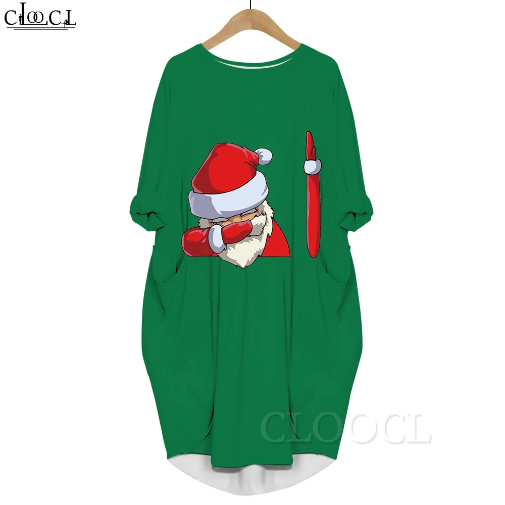 CLOOCL Party Dress for Christmas Long Sleeve Crew Neck Pullover Xmas Dresses Lovely Santa Claus Graphics 3D Printed Vestido