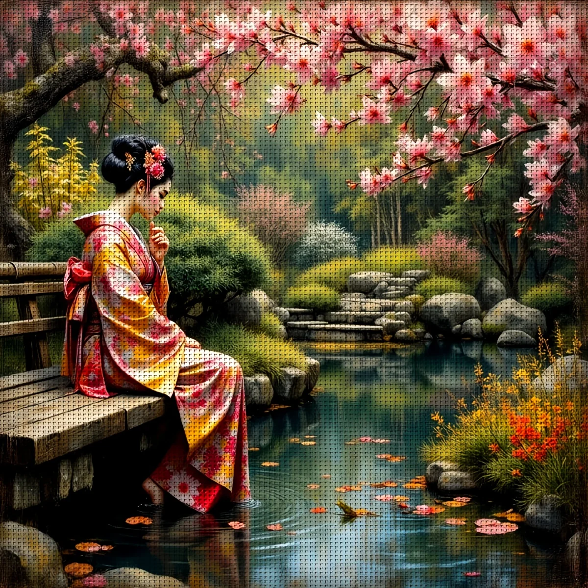 1PC 36X36cm/14.17X14.17inch, 11CT Print Cross Stitch DIY Kit, Sakura Garden, Adult Beginner's Relaxed Cross Stitch