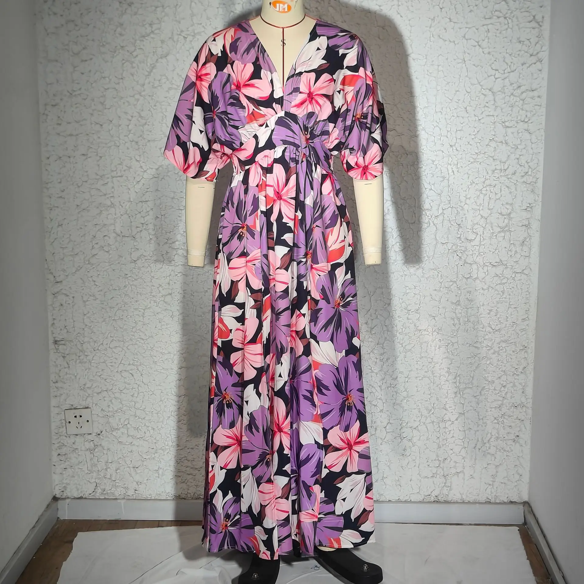 VEITCHE Sommer Frauen Drucken Lange Kleid Sexy V-ausschnitt Hohe Taille Split Böhmen V-ausschnitt Fledermaus Ärmel Urlaub Party Dame Vestido