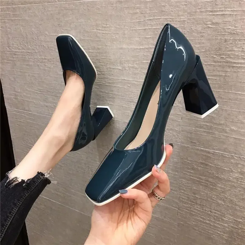 Square Toe Shoes For Women On Heeled Formal Black Normal Leather Casual Woman Footwear Korean Style Social Youthful Emo Y2k A E