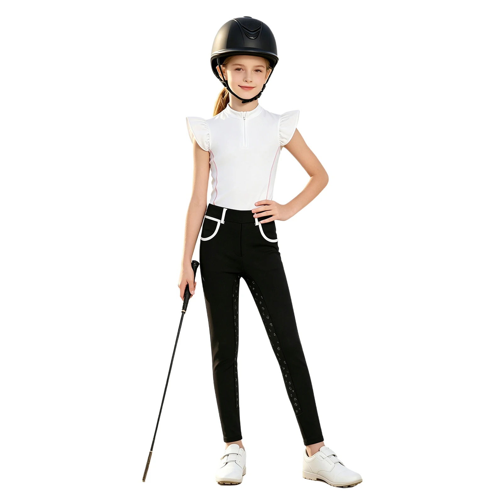 Kids Girls Horse Riding Outfit Zip-up Ruffled Sleeves Contrasting Trim Equestrian Tank Top Non-slip Full Seat Breeches Pants Set