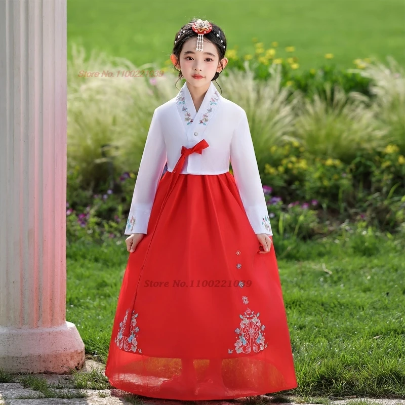 2025 ملابس رقص كورية تقليدية خمر فستان رقص شعبي زهرة التطريز بلايز + تنورة مجموعة الأطفال مرحلة الأداء الرقص