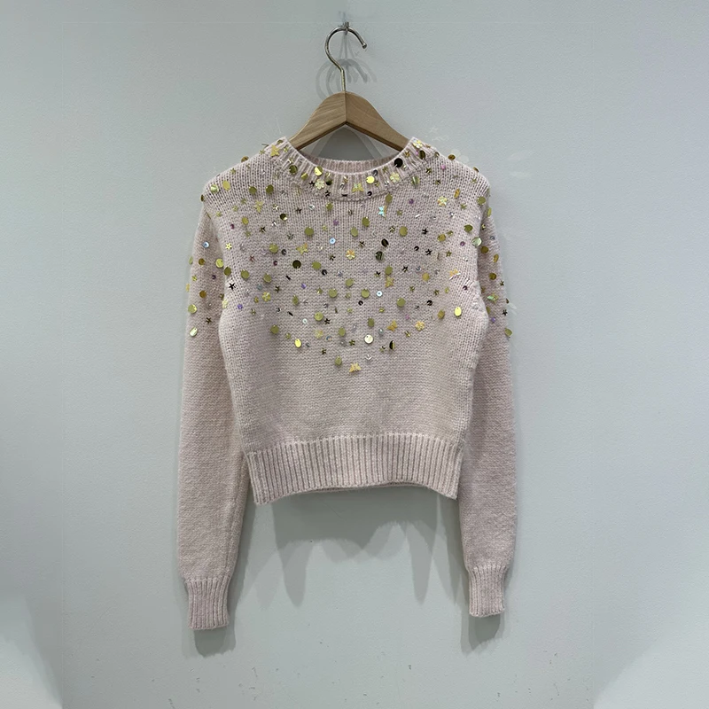 Pink Jumper 2024AW New Fashion Sequins Round Neck Long Sleeve Top Woman's Sweater Brand MAN* Women's Clothing