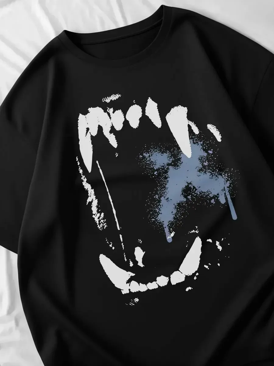 Women Black Short Sleeve T‑Shirt Vintage Distressed Mouth Teeth Graffiti Print O‑Neck Loose Punk Streetwear Ladies Casual Top
