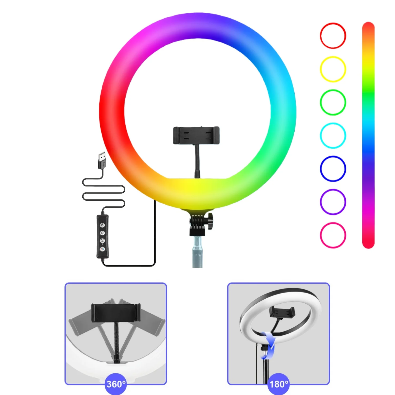 

Кольцевой светильник RGB 12 дюймов с ручкой и штативом 160 см — 360 градусов ° Вращающийся зажим для телефона + держатель для телефона, проводное управление, 101-цветный режим для Liv