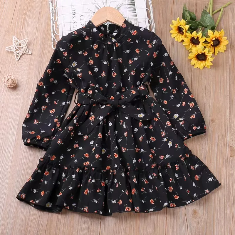 

Girls Dress Autumn Long Sleeve Floral Princess Dress Kid Clothes WIth Bow Belt Children Dress For 2-6Y Kids Clothing 2024 New