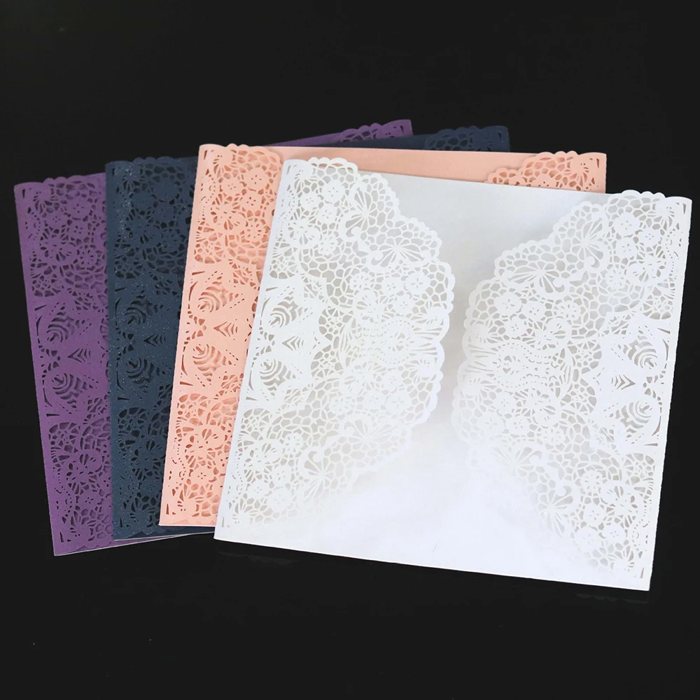 50Pcs Hollow Laser Cut Wedding Invitations Elegant Lace Design Invitation Card With Ribbon Envelop Wedding Decor（No Insert）