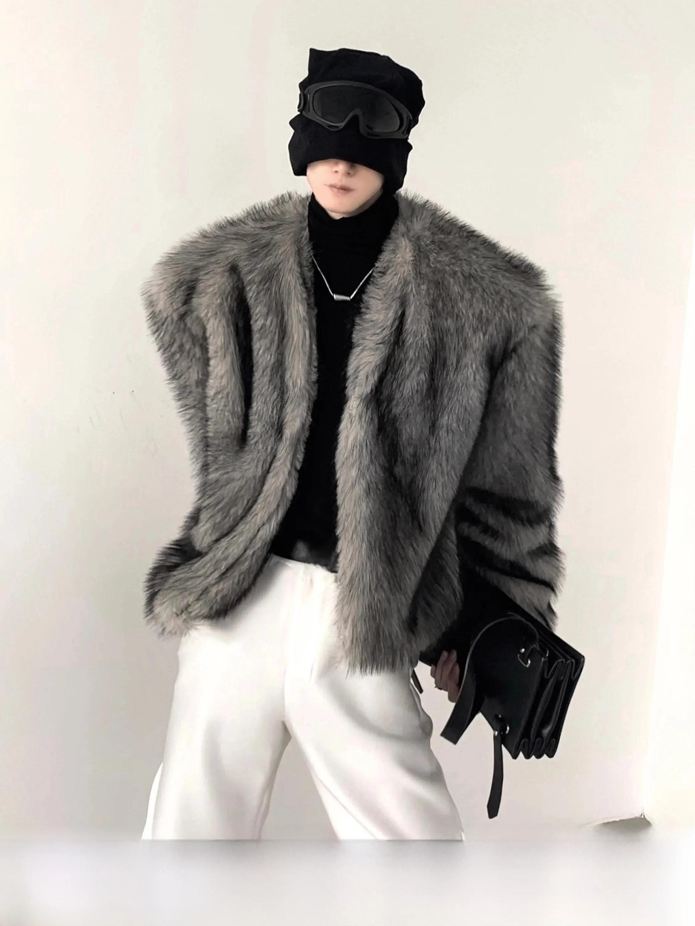Street Fashion High End - Moda Gri Kürk Ceket Erkek Yakasız
