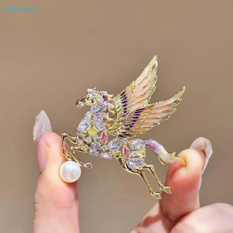 ♥Sparkling Crystal Pegasus Brooch - Enamel Winged Horse Lapel Pin with Faux Pearl