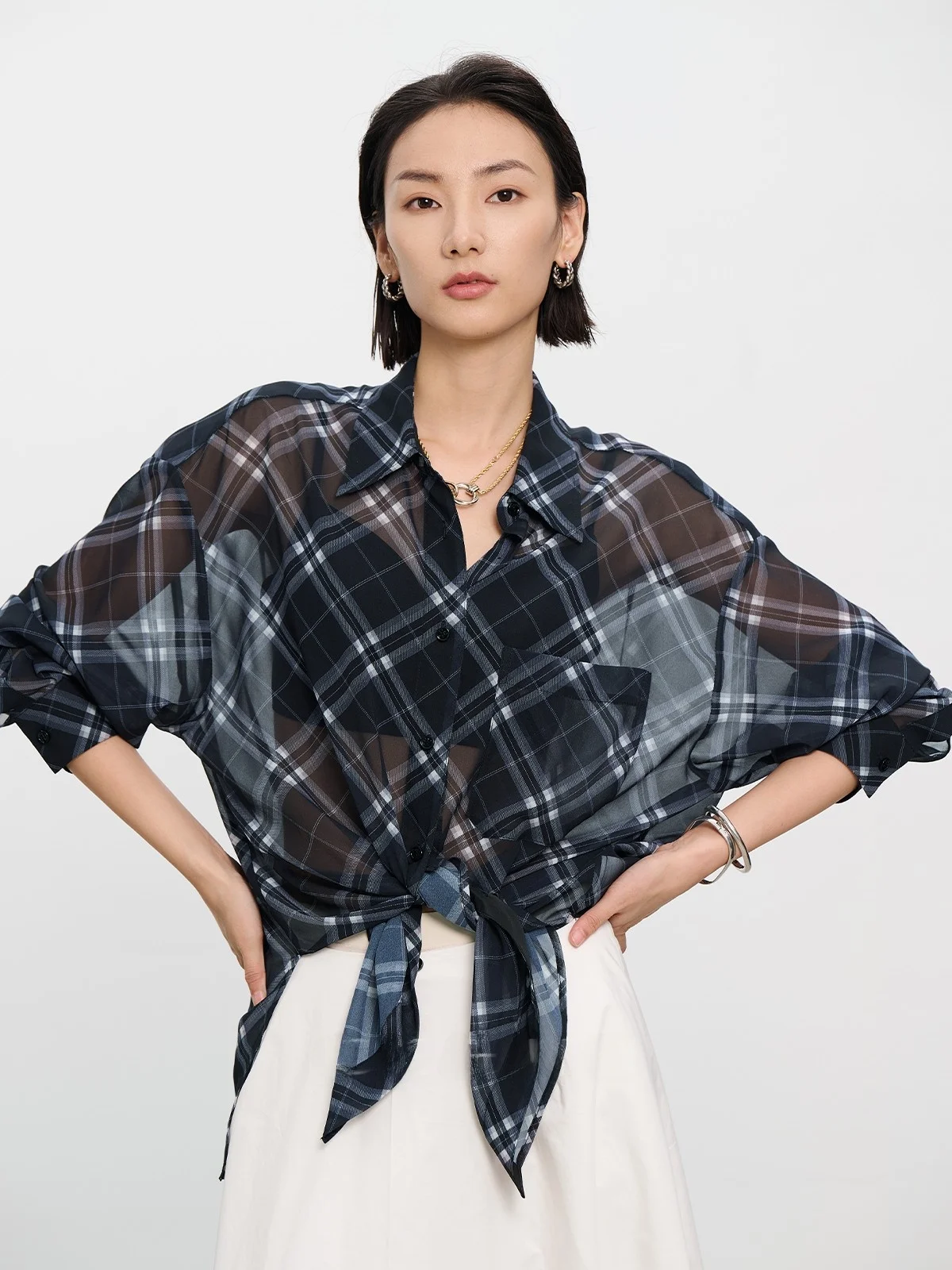 

CE&MO Весенне-летняя женская свободная рубашка с длинными рукавами, прозрачная, с крутым перекрестным узором, защита от солнца, дышащая, из полиэфирного волокна