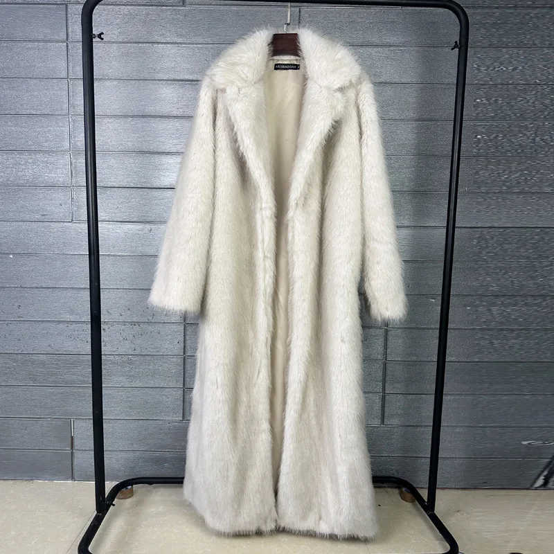 Women's Winter Extra Long Faux Fur Coat Black & Coffee Silk Red Fox Style Faux Fur with Notch Lapel Ropa Para Mujer