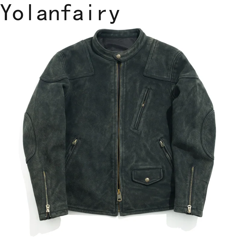 

YOLANFAIRY Top Layer Matte Cowhide Man Leather Jacket Vintage Short 100% Genuine Leather Jackets Men Clothing Jaqueta De Couro