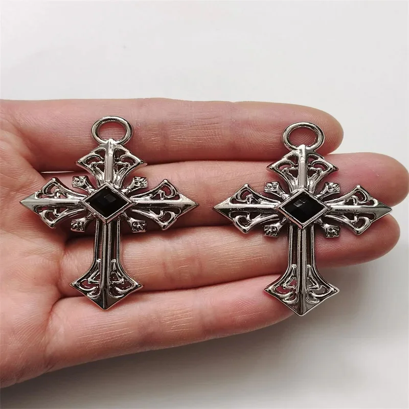 2Pcs Alloy Cross Black Crystal Charms Gothic Geometry Pendant Fit Necklace Earrings DIY Jewelry Designer Making Accessories