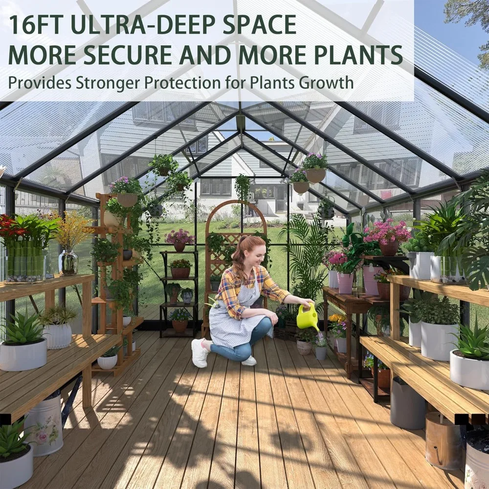 Greenhouses for Outdoors, 8x16 Ft Polycarbonate Greenhouses with 4 Adjustable Roof Vents, Walk-in Aluminum Frame Green Houses