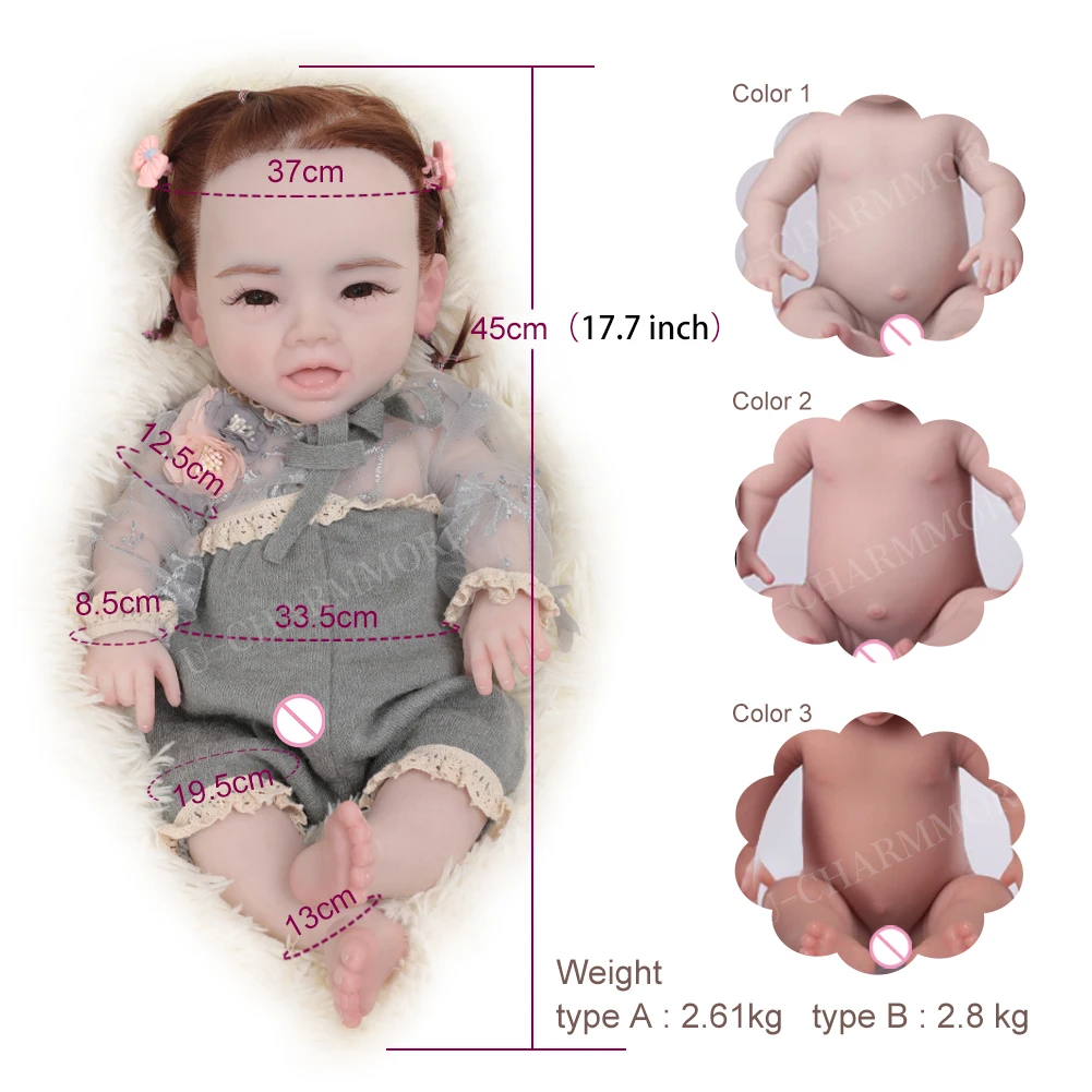 U-charmmore 17.7inch 5.7lbs Full Body Silicone Reborn Baby Doll Realistic Girl Dolls Painted DIY Blank Baby Children Toys