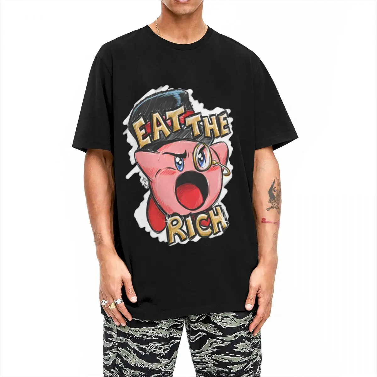 Novelty Kirbys Eat The Rich Tshirts Men's Round Neck Short Sleeve Top Tee Nostalgia Childhood ACT Game Cotton Summer Top Tee