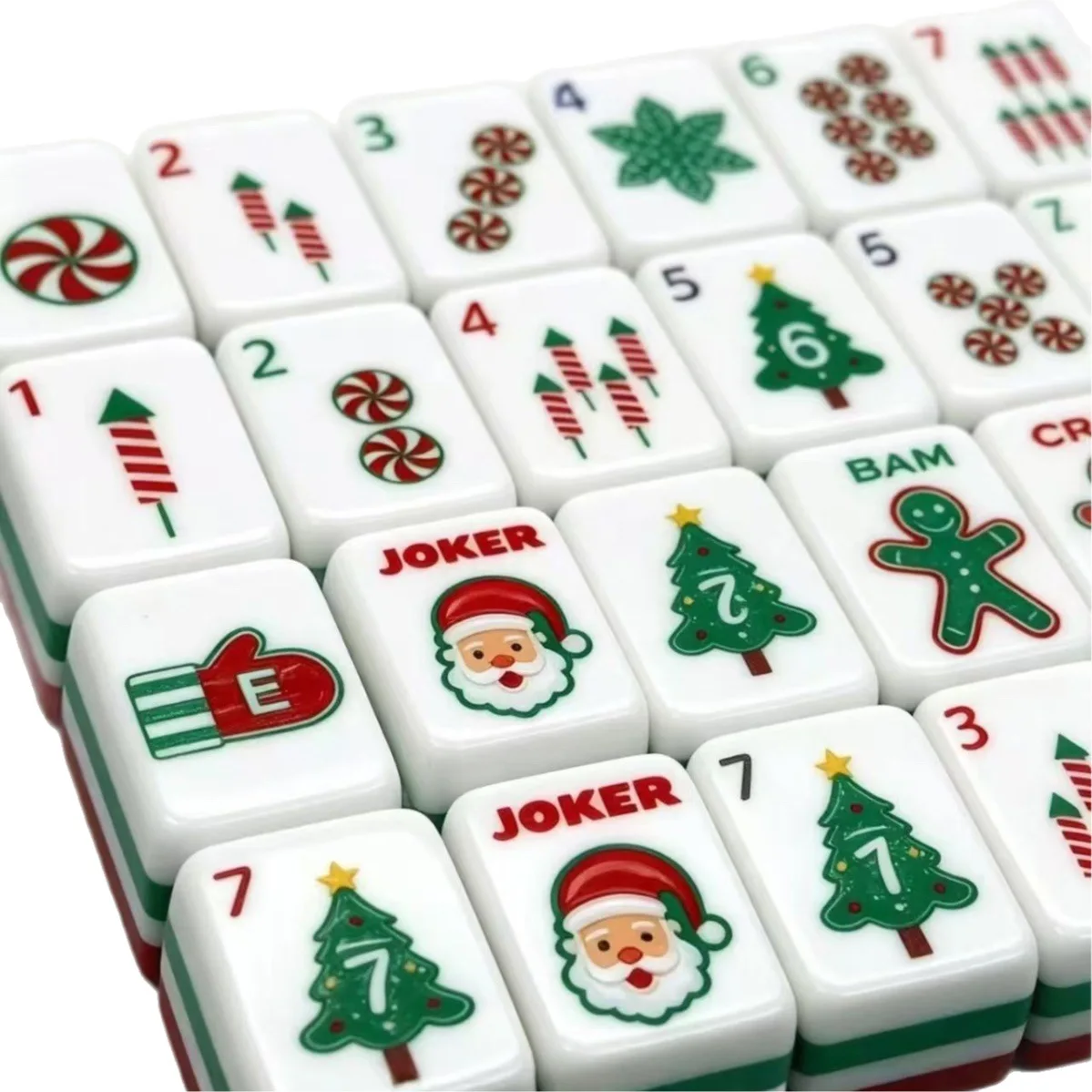 Christmas Themed Acrylic Mahjong Set Red Green 3 Layers Santa Snowman Xmas Tree Pattern Luxury Gift Box Custom OEM Model M-65