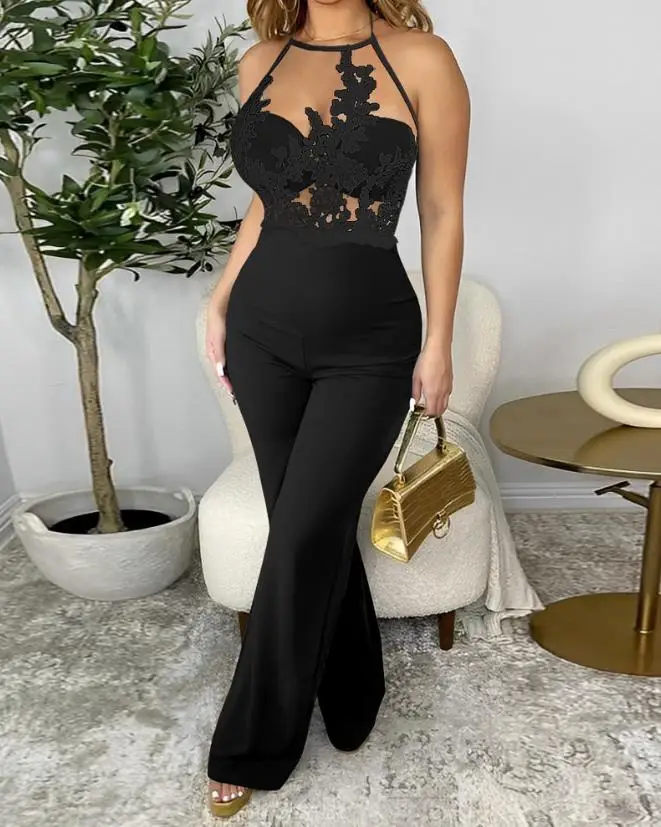 Jumpsuit Women 2024 Summer Fashion Guipure Lace Spaghetti Strap Sheer Mesh Backless Sleeveless Casual Skinny Daily Jumpsuit