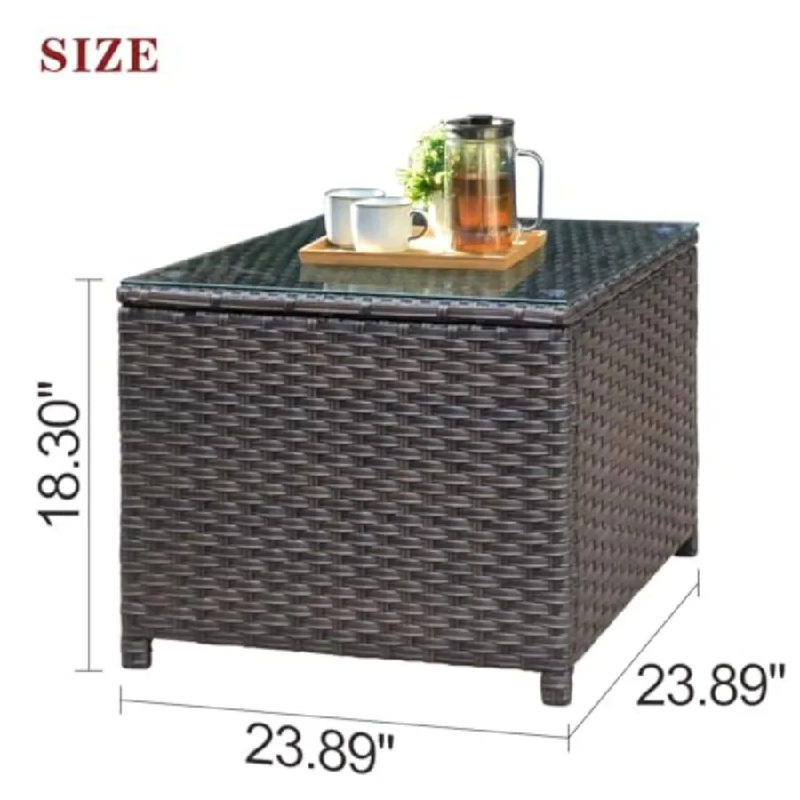 Outdoor side table with tempered glass top, rattan wicker construction, brown finish, weather-resistant for porch, deck, balcon