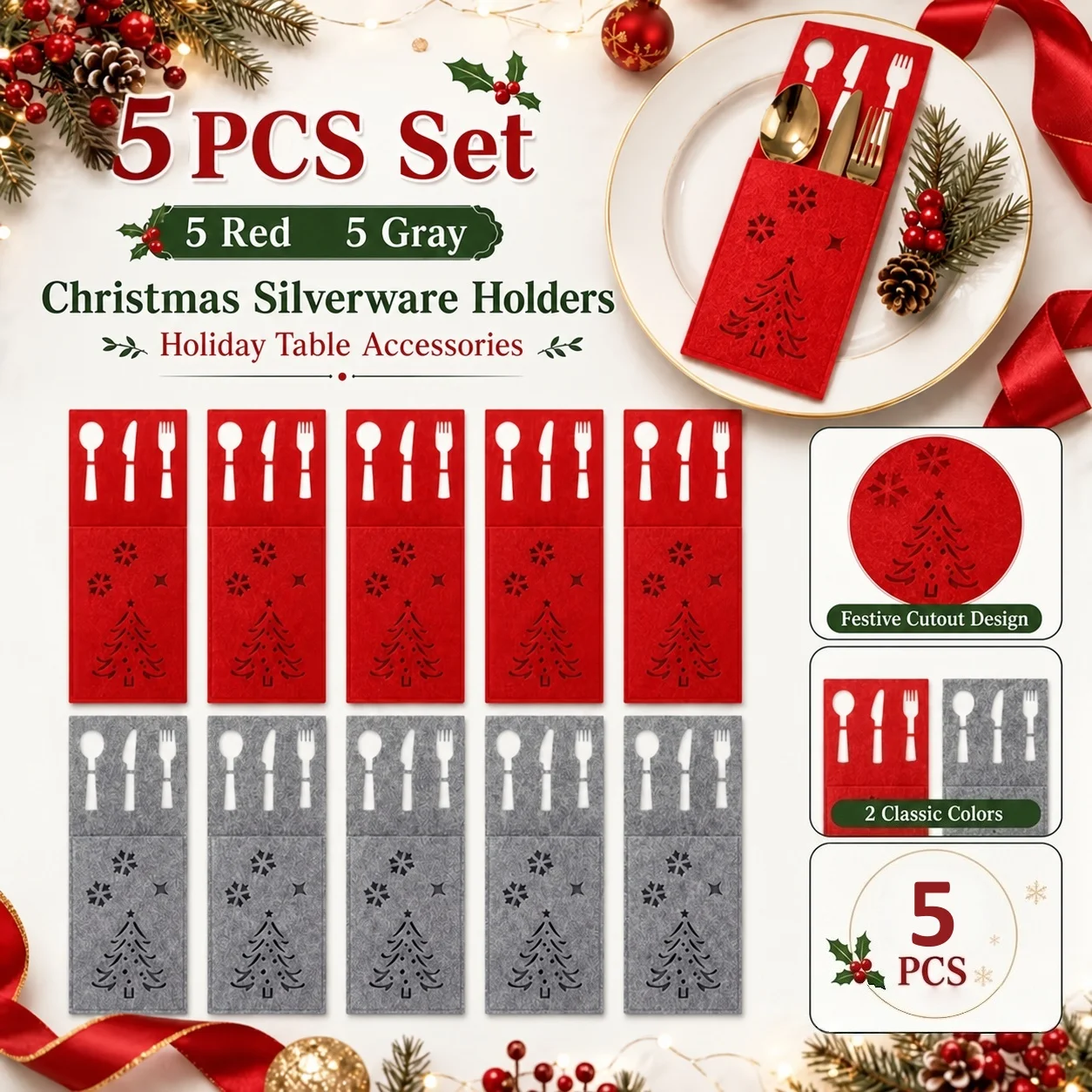 5pcs Felt Christmas Cutlery Pockets Hollow Snowflake Utensil Holders For Holiday Dinner Party Table Decoration Party Supplies