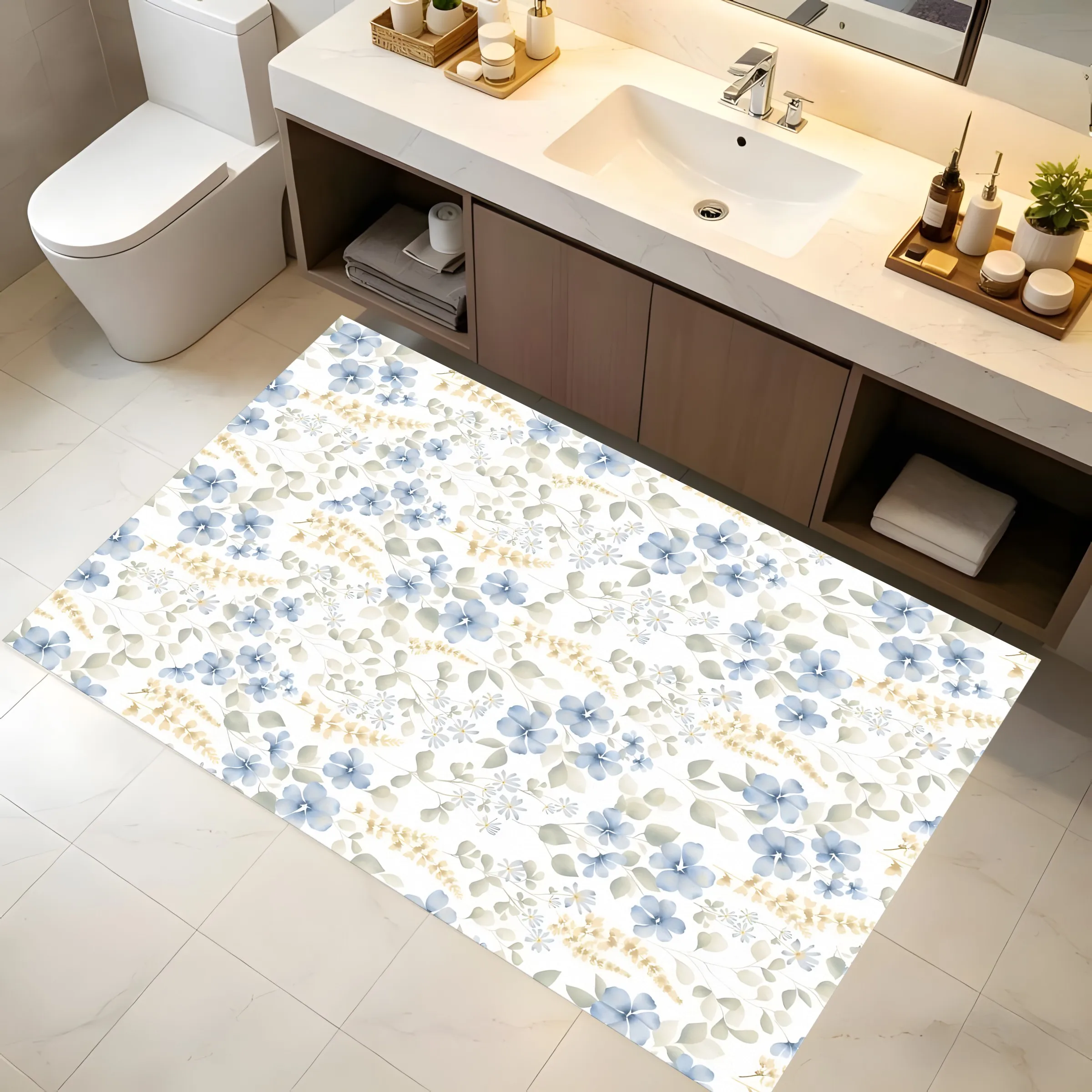 2D Large Rug Light Blue Background Small Floral Print Fresh Gentle Style Living Room Bedroom Bay Window Home Decor