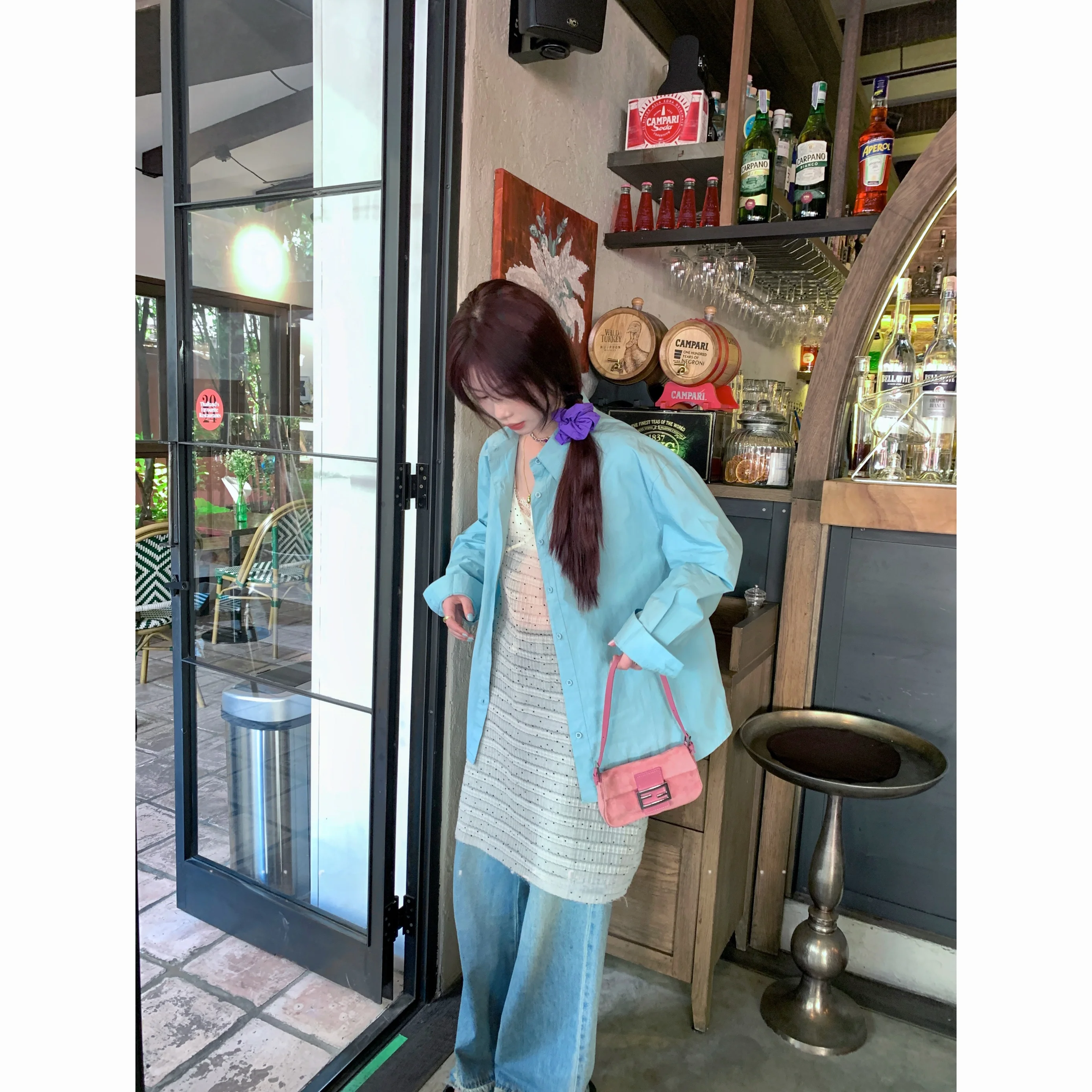 

areinin Lake Blue Loose Long Sve irt Easy Wear White Enhancing Korean Sister Sle Women's Commute Faion Cotton irt
