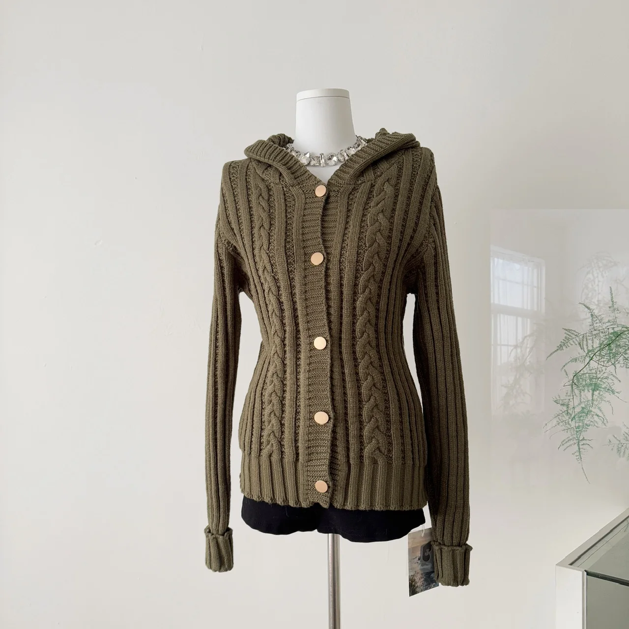 

Spring Autumn Slim Fit Women Twist Hooded Knit Cropped Cardigan Design Sweater Warm Coat Long Sleeve Tops F408