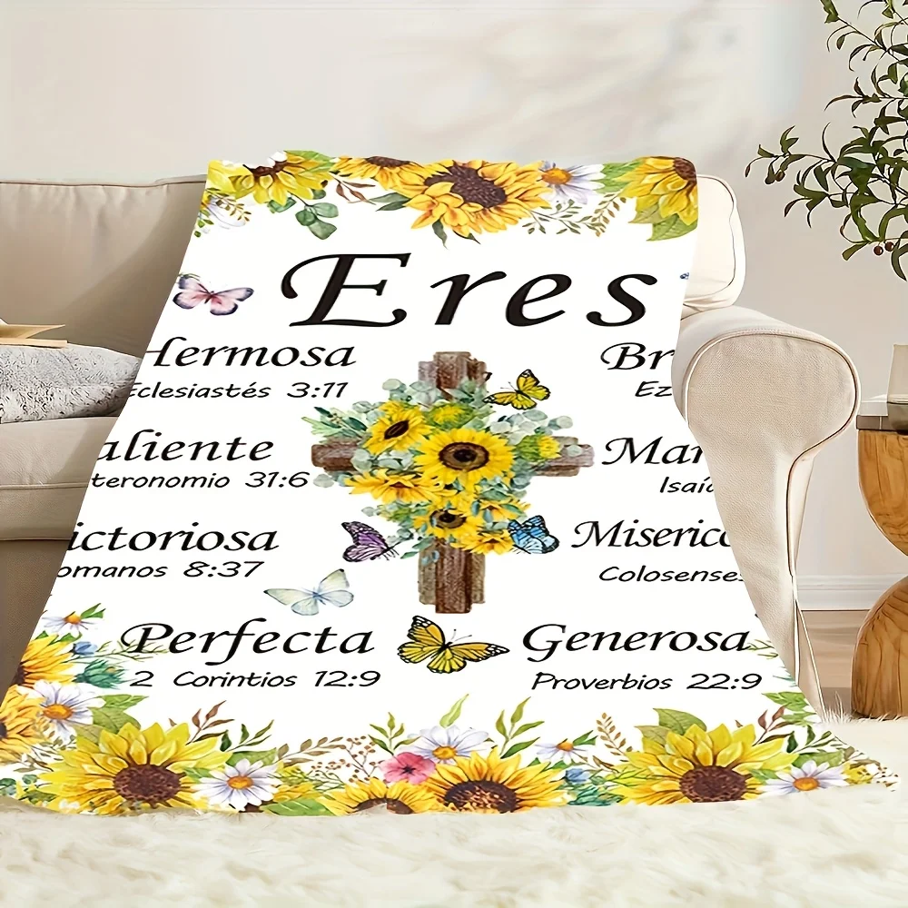 Faith Blossom Fleece Blanket Christian Inspirational Design with Sunflowers Bible Verses Soft Comfort for Home Decor