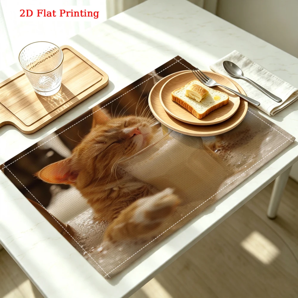 2Pcs Modern Placemat Orange Cat Printing Table Mat Kitchen Dining Decor Protection 30X40Cm