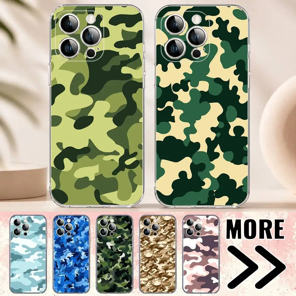 

Camouflage Camo Military Army Phone Case for iPhone 17 16 16E Pro Plus Air 15 14 Max Mini 12 11 Transparent Protector
