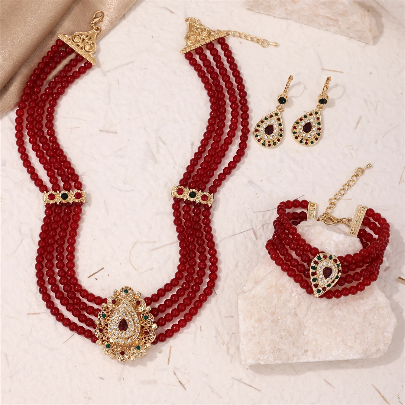 Conjunto de 3 piezas de joyería de cuentas Burdeos para mujer, joyas de fiesta de Oriente Medio, collar, pendientes, pulsera