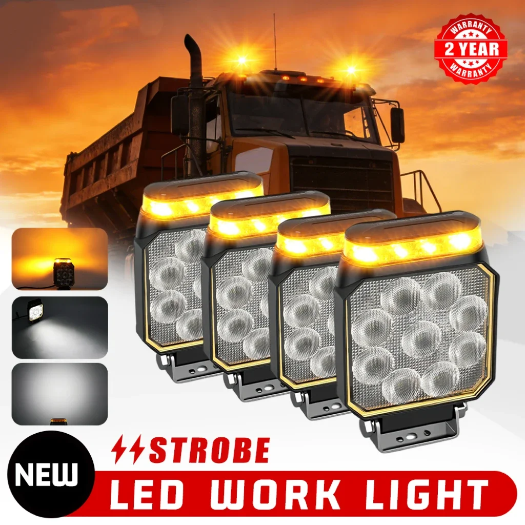 

Светодиодный рабочий фонарь HAOLIDE 6000K, прожектор с янтарным стробоскопом, дневные ходовые огни (DRL) с функцией стробоскопа, 4-дюймовый белый свет для внедорожников и освещения транспортных средств