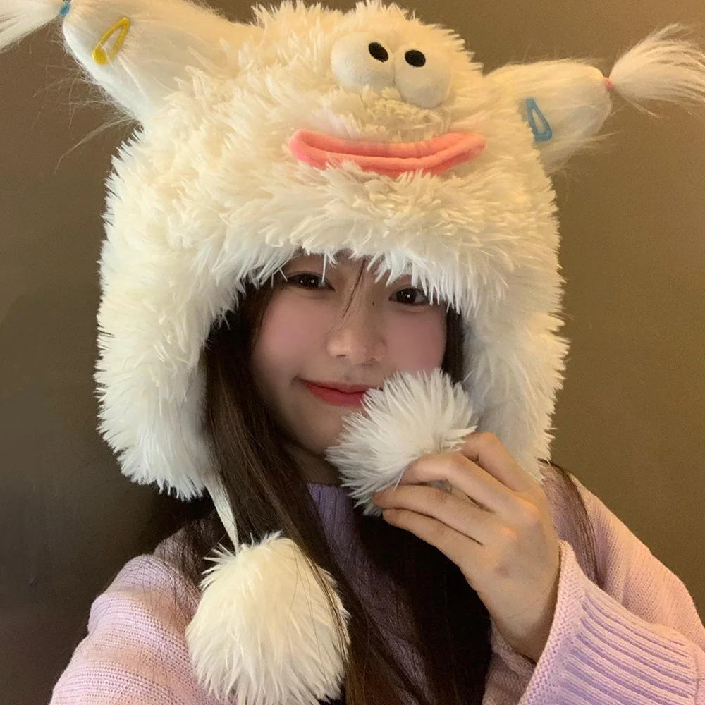 Funny cute cute plush hat female autumn and winter with wool thickened face small warm ear cap