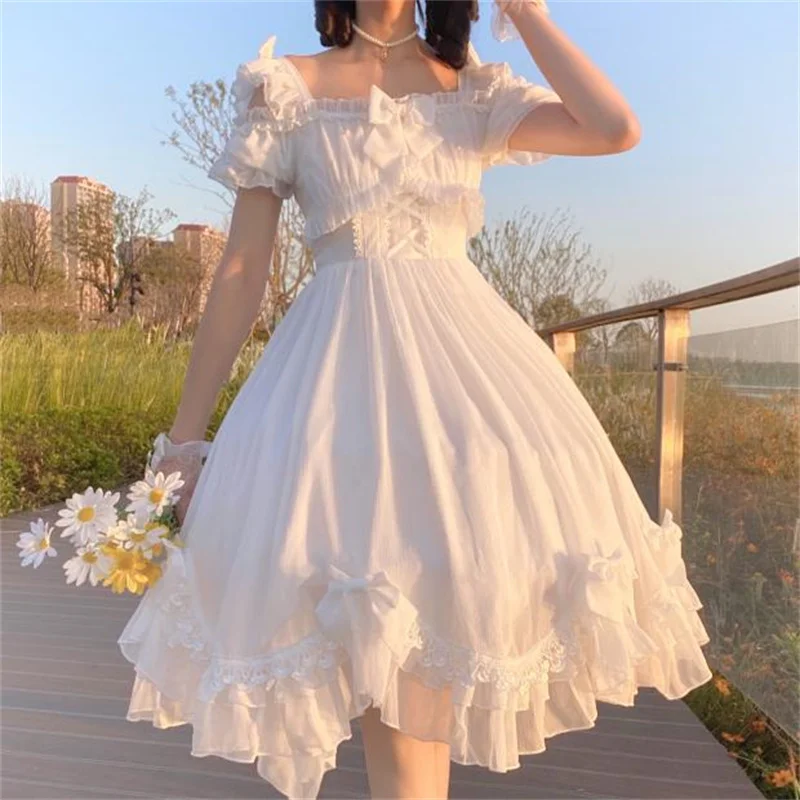 Japanese Soft Girl Lolita Retro Soft Skirt High Waisted Spice Show Thin JSK Strappy Dress with Bow