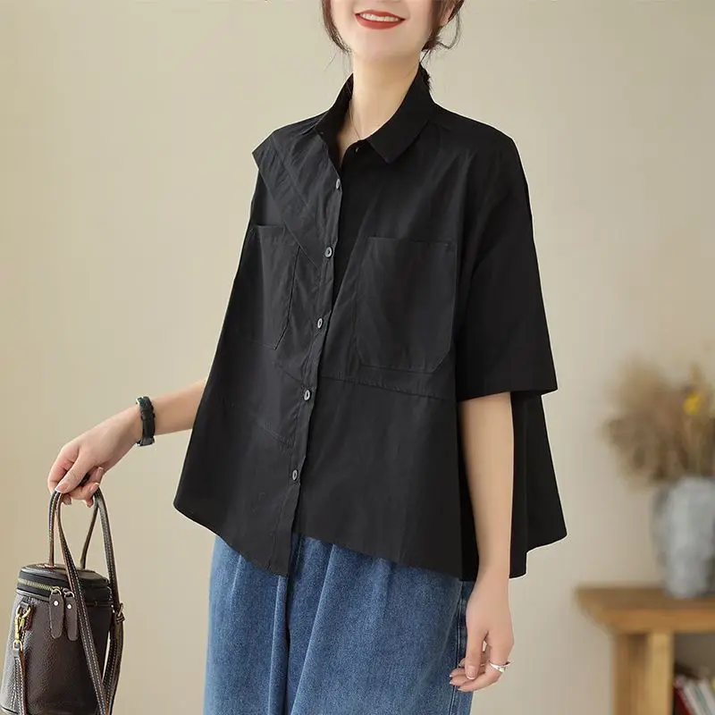 Summer POLO Collar Fashion Short Sleeve Shirt Women High Street Cotton Hemp Button Cardigan Pockets Patchwork Asymmetrical Tops