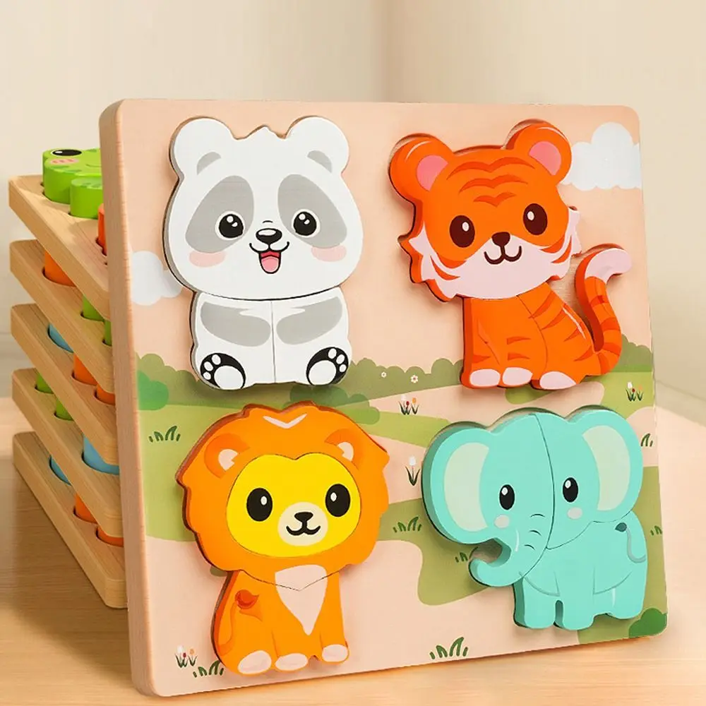 Multicolor Wooden 3D Puzzle Cartoon Animal Fruits Dinosaur Early Education Puzzle Hand-eye Coordination English Learning Puzzle