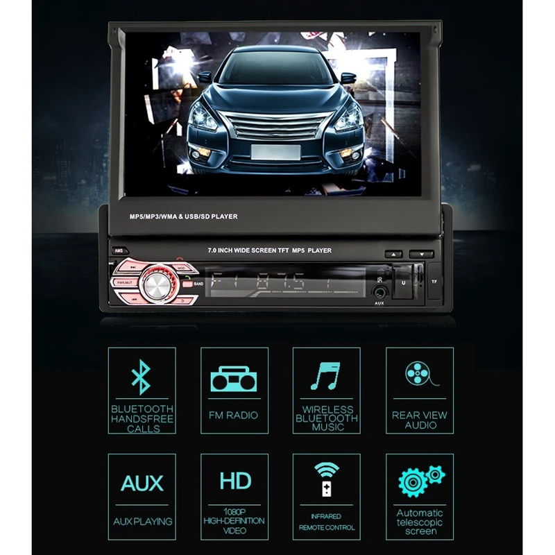 Auto Retractable 1 Din 7 Inch Car Radio Hd Touch-Screen Mp5 Player Bluetooth Radio Usb Tf Fm Multimedia Player