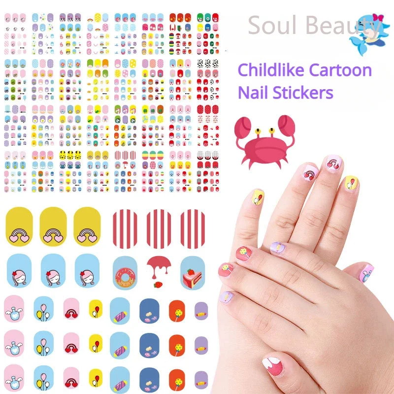 Autocollants pour ongles de dessin animé enfantin, fruits, animaux, fleurs, conception mignonne, couverture complète, imperméable, facile à peler