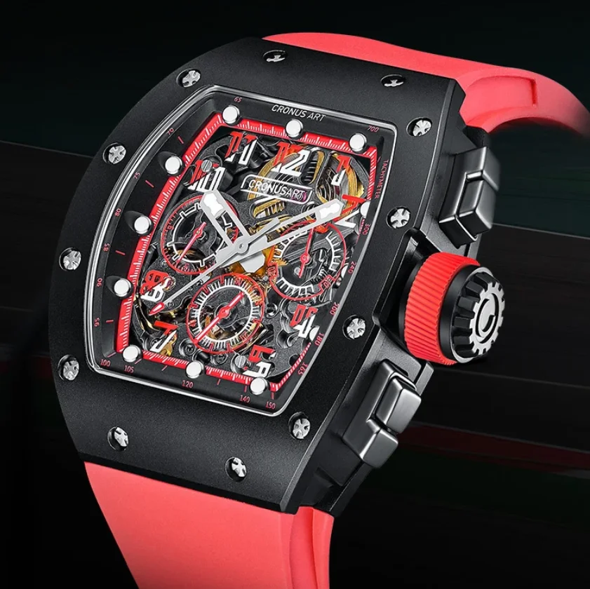 

Мужские часы-хронограф CRONUSART Tonneau, автоматические механические наручные часы, корпус из углеродистой стали, сапфировое стекло, светящийся циферблат, ремешок FKM