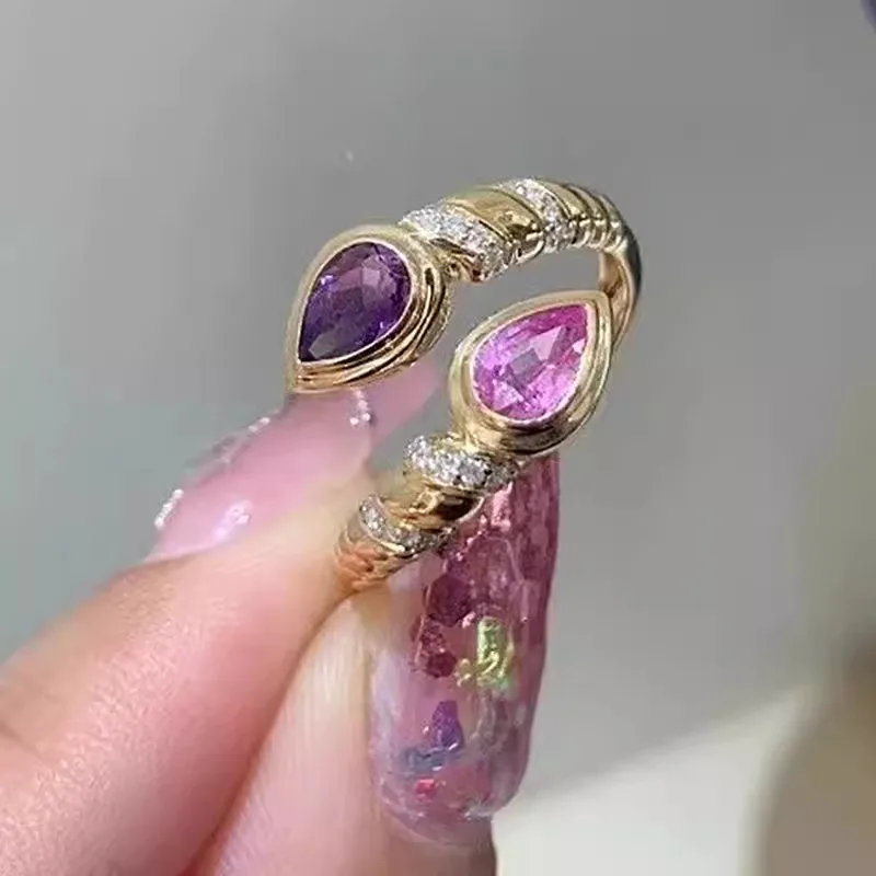 Foydjew Vintage Jewelry Snake Water Drop Design Rings Inlaid Pink and Purple Zircon Ring Women\'s Fashion Gold Color Accessories