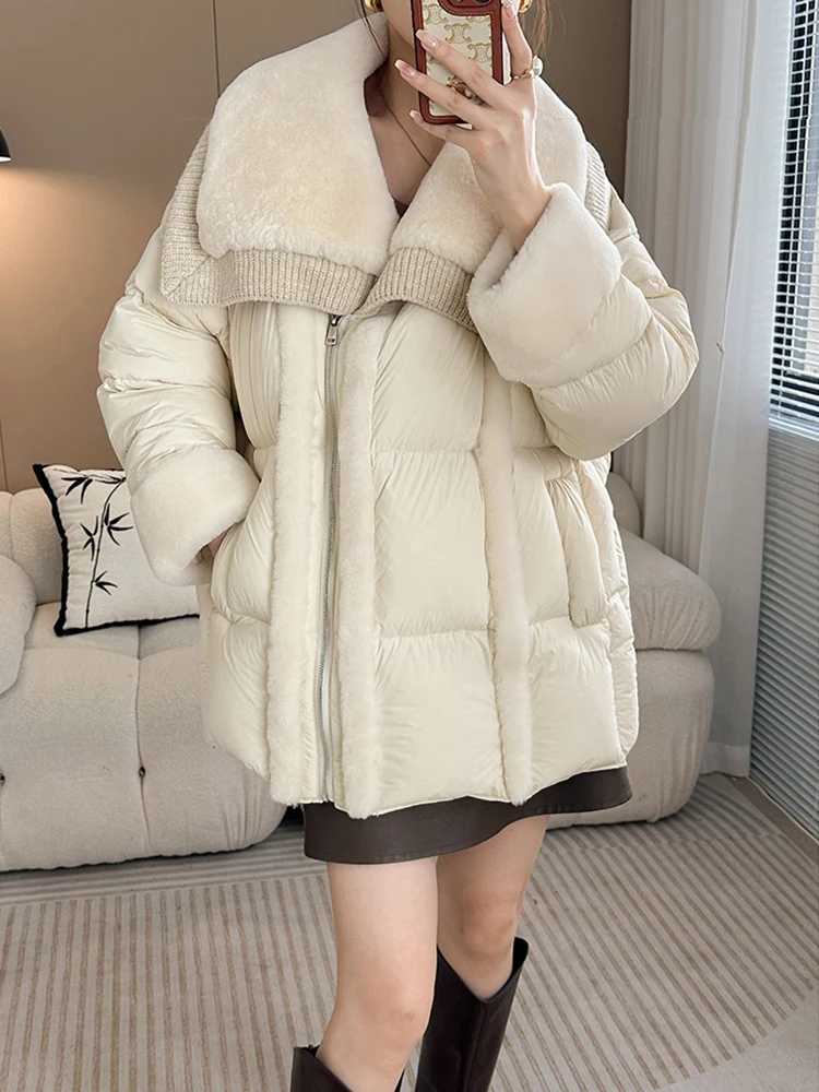 2024 New Winter Women Warm Goose Down Jacket Natural Sheep Real Fur Collar Coat Luxury Thick Outwear Female Coat